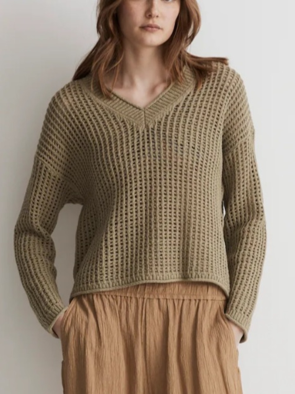 Madewell Olive V-Neck Crochet Pullover Sweater